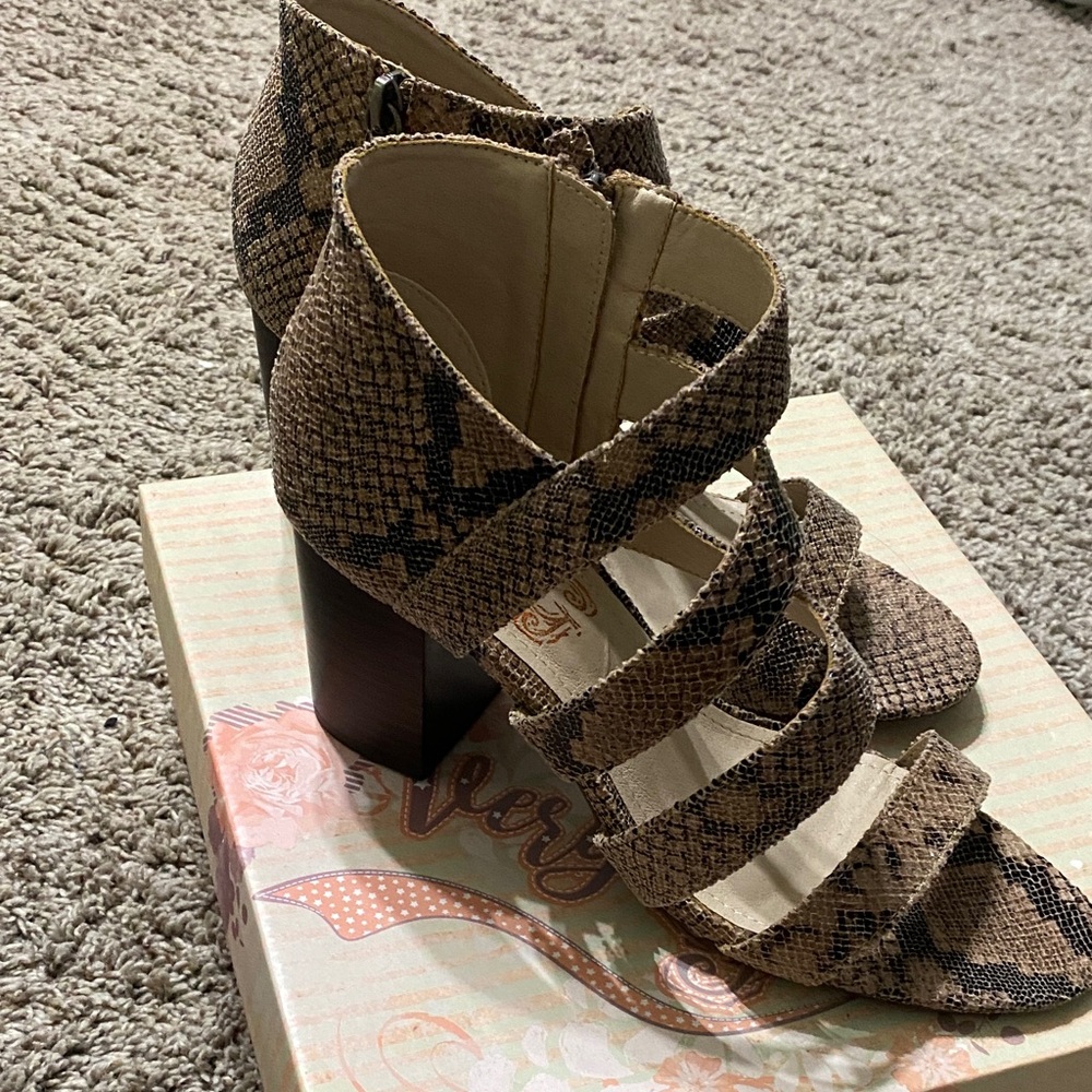 Very G Snake-Print Strappy Block Heel Sandals in Brown